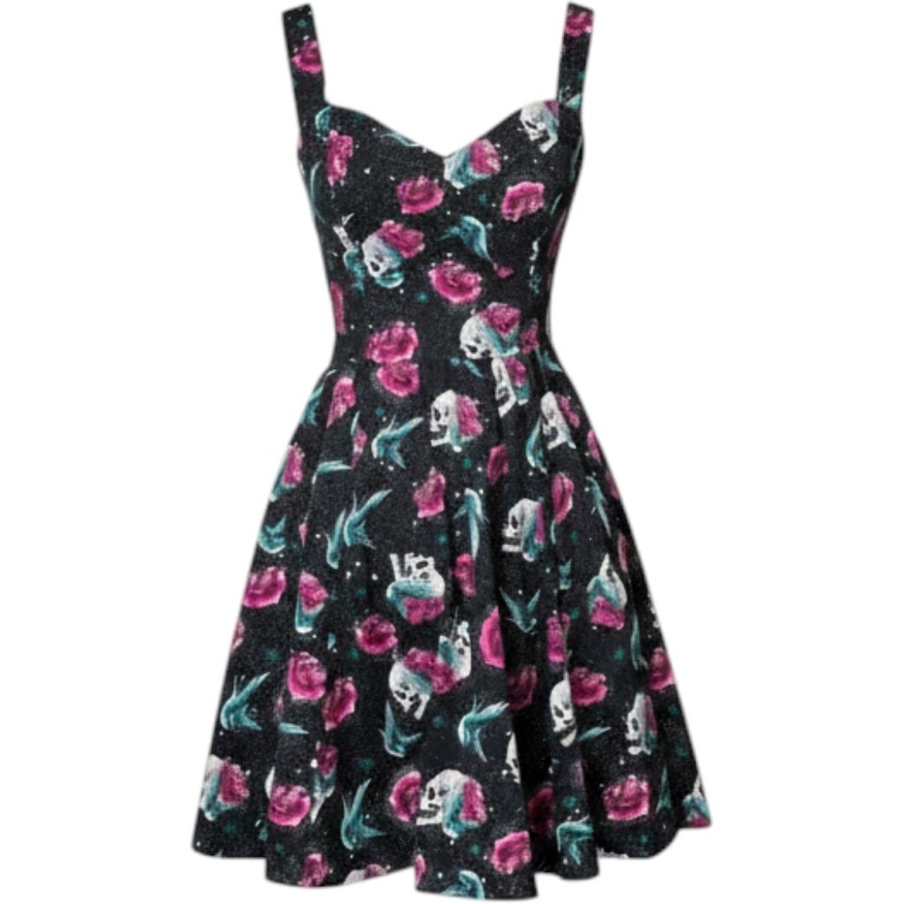Hot Topic Tattoo Print Skull Rose Bird Fit & Flare Dress Retro Rockabilly Small